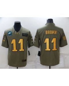 Men's Philadelphia Eagles #11 A. J. Brown Olive/Gold Salute To Service Limited Stitched Jersey (Brown Gold)