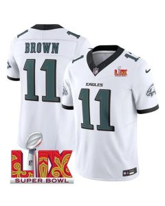 Men's Philadelphia Eagles #11 A.J. Brown White 2025 Super Bowl LIX Patch New F.U.S.E. Vapor Untouchable Limited Stitched Football Jersey (White Brown)