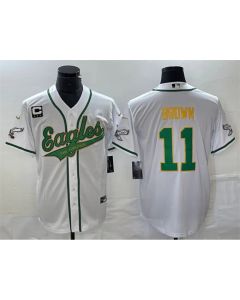 Men's Philadelphia Eagles #11 A. J. Brown White Gold With 3-star C Patch Cool Base Stitched Baseball Jersey