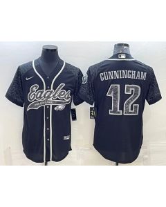 Men's Philadelphia Eagles #12 Randall Cunningham Black Reflective With Patch Cool Base Stitched Baseball Jersey