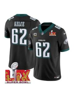 Men's Philadelphia Eagles #62 Jason Kelce Black 2025 Super Bowl LIX Patch And 4-Star C Patch New F.U.S.E. Vapor Limited Stitched Football Jersey (Black)