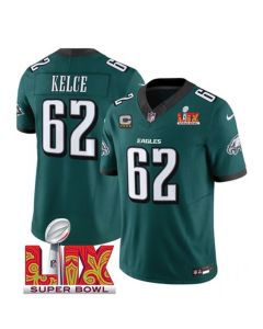Men's Philadelphia Eagles #62 Jason Kelce Green 2025 Super Bowl LIX Patch And 4-Star C Patch New F.U.S.E. Vapor Limited Stitched Football Jersey