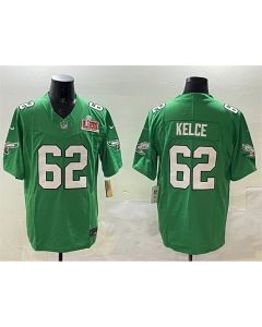 Men's Philadelphia Eagles #62 Jason Kelce Green 2025 Super Bowl LIX Patch F.U.S.E. Throwback Vapor Untouchable Limited Stitched Football Jersey (Green)
