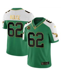 Men's Philadelphia Eagles #62 Jason Kelce Kelly Green Alternate Gold With 4-Star C Patch Vapor Limited Jersey