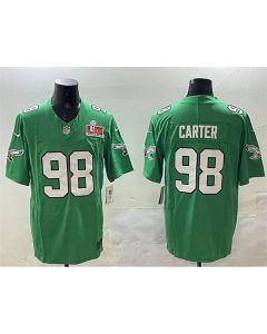 Men's Philadelphia Eagles #98 Jalen Carter Green 2025 Super Bowl LIX Patch F.U.S.E. Throwback Vapor Untouchable Limited Stitched Football Jersey