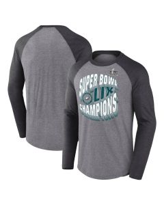 Men's Philadelphia Eagles Heather Gray Super Bowl LIX Champions Historic Win 3/4-Sleeve Raglan Tri-Blend T-Shirt (Gray)