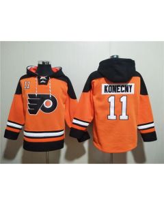 Men's Philadelphia Flyers #11 Travis Konecny Orange Ageless Must-Have Lace-Up Pullover Hoodie