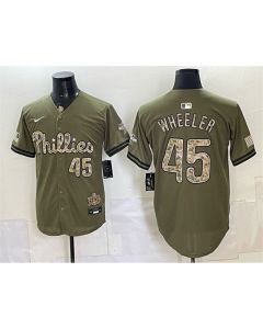 Men's Philadelphia Phillies #45 Zack Wheeler Olive 2026 Armed Forces Day Jersey (Olive)