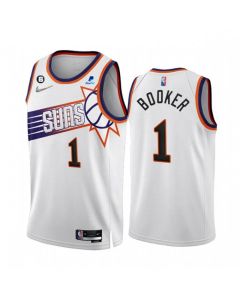 Men's Phoenix Suns #1 Devin Booker 2022/23 White 75th Anniversary NO.6 Patch Association Edition Stitched Jersey