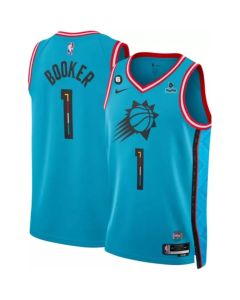 Men's Phoenix Suns #1 Devin Booker Blue 2022/23 City Edition With NO.6 And Payple Patch Stitched Basketball Jersey