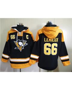 Men's Pittsburgh Penguins #66 Mario Lemieux Black Ageless Must-Have Lace-Up Pullover Hoodie