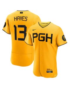 Men's Pittsburgh Pirates #13 Ke'Bryan Hayes Gold 2023 City Connect Flex Base Stitched Jersey