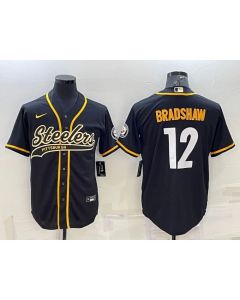 Men's Pittsburgh Steelers #12 Terry Bradshaw Black With Patch Cool Base Stitched Baseball Jersey