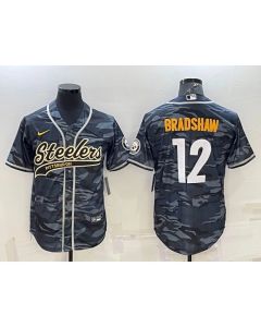 Men's Pittsburgh Steelers #12 Terry Bradshaw Grey/Navy Camo With Patch Cool Base Stitched Baseball Jersey