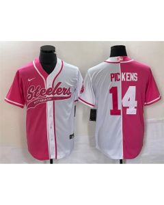 Men's Pittsburgh Steelers #14 George Pickens White Pink Split Cool Base Stitched Baseball Jersey