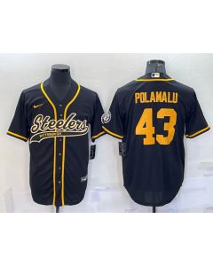 Men's Pittsburgh Steelers #43 Troy Polamalu Black Gold With Patch Cool Base Stitched Baseball Jersey