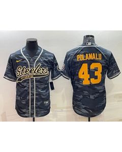 Men's Pittsburgh Steelers #43 Troy Polamalu Grey/Navy Camo With Patch Cool Base Stitched Baseball Jersey