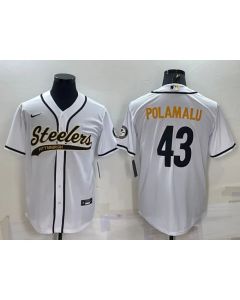 Men's Pittsburgh Steelers #43 Troy Polamalu White With Patch Cool Base Stitched Baseball Jersey