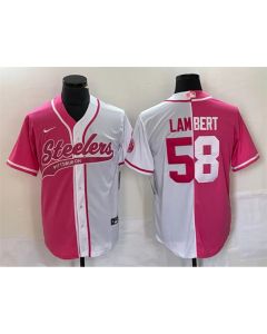 Men's Pittsburgh Steelers #58 Jack Lambert White Pink Split Cool Base Stitched Baseball Jersey