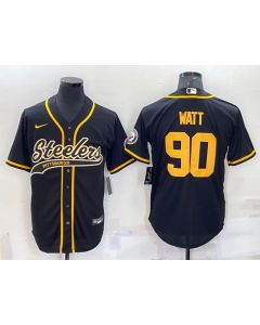 Men's Pittsburgh Steelers #90 T.J. Watt Black Gold With Patch Cool Base Stitched Baseball Jersey (Black Gold)