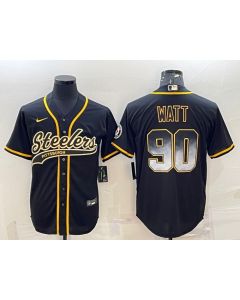 Men's Pittsburgh Steelers #90 T.J. Watt Black Gold With Patch Cool Base Stitched Baseball Jersey