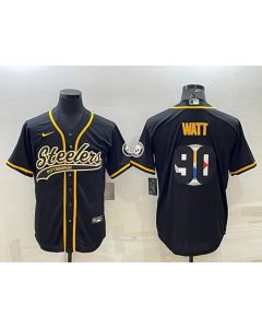 Men's Pittsburgh Steelers #90 T. J. Watt Black Team Big Logo With Patch Cool Base Stitched Baseball Jersey