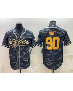 Men's Pittsburgh Steelers #90 T. J. Watt Grey/Navy Camo With Patch Cool Base Stitched Baseball Jersey