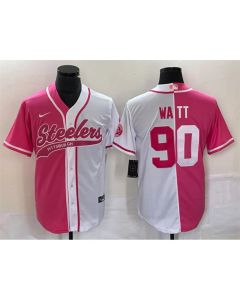 Men's Pittsburgh Steelers #90 T.J. Watt White Pink Split Cool Base Stitched Baseball Jersey