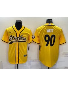 Men's Pittsburgh Steelers #90 T.J. Watt Yellow With Patch Cool Base Stitched Baseball Jersey