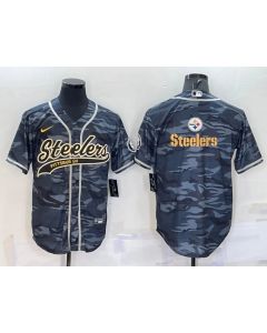 Men's Pittsburgh Steelers Blank Grey/Navy Camo Team Big Logo With Patch Cool Base Stitched Baseball Jersey