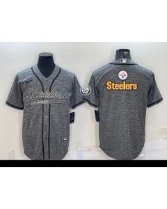 Men's Pittsburgh Steelers Grey Team Big Logo With Patch Cool Base Stitched Baseball Jersey