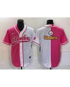 Men's Pittsburgh Steelers White Pink Split Team Big Logo Cool Base Stitched Baseball Jersey