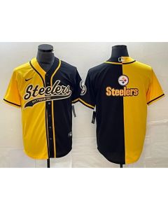 Men's Pittsburgh Steelers Yellow Black Split Team Big Logo Cool Base Stitched Baseball Jersey