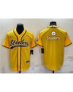 Men's Pittsburgh Steelers Yellow Team Big Logo With Patch Cool Base Stitched Baseball Jersey