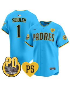 Men's San Diego Padres #1 Peter Seidler Blue "For Peter" And Petco Park 20th Patch Limited Jersey