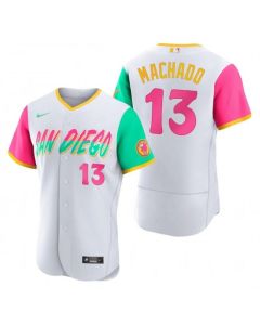 Men's San Diego Padres #13 Manny Machado 2022 White City Connect Flex Base Stitched Baseball Jersey