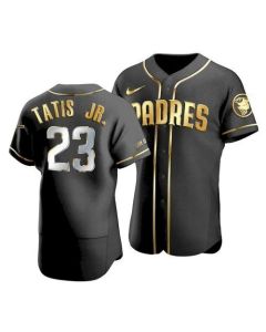 Men's San Diego Padres #23 Fernando Tatis Jr. 2021 Black Golden Edition Flex Base Stitched Baseball Jersey