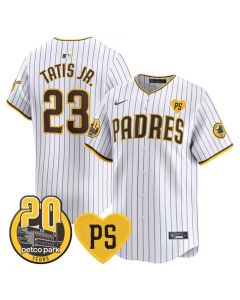 Men's San Diego Padres #23 Fernando Tatis Jr. White "For Peter" And Petco Park 20th Patch Limited Jersey