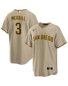 Men's San Diego Padres#3 Jackson Merrill Tan Brown Cool Base Stitched Baseball Jersey