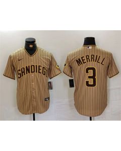 Men's San Diego Padres #3 Jackson Merrill Tan Cool Base Stitched Baseball Jersey