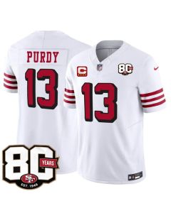 Men's San Francisco 49ers #13 Brock Purdy New White 2026 With 80th Anniversary & 4-Star C Patch Vapor F.U.S.E. Untouchabl Limited Jersey