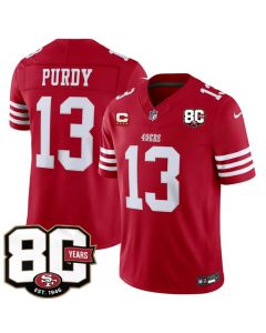 Men's San Francisco 49ers #13 Brock Purdy Red 2026 With 80th Anniversary & 4-Star C Patch Vapor F.U.S.E. Untouchabl Limited Jersey