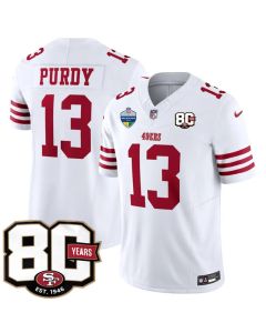 Men's San Francisco 49ers #13 Brock Purdy White 80th Anniversary And Melbourne Game Patch 2026 Vapor F.U.S.E. Untouchable Limited Jersey
