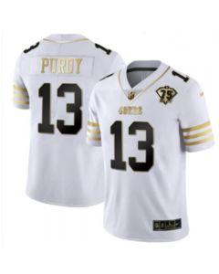 Men's San Francisco 49ers #13 Brock Purdy White Gold With 75th Patch Stitched Jersey