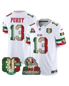 Men's San Francisco 49ers #13 Brock Purdy White Mexico 80th Anniversary Five Time Super Bowl Champions Patch 2026 Vapor F.U.S.E. Untouchable Limited Jersey