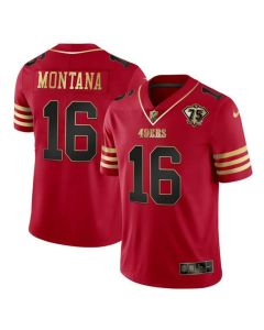 Men's San Francisco 49ers #16 Joe Montana Red Gold With 75th Anniversary Patch Stitched Jersey