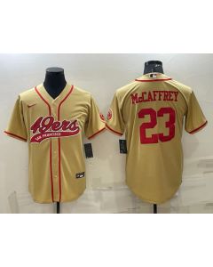 Men's San Francisco 49ers #23 Christian McCaffrey Gold With Patch Cool Base Stitched Baseball Jersey