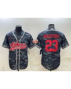 Men's San Francisco 49ers #23 Christian McCaffrey Grey Red Camo With Patch Cool Base Stitched Baseball Jersey