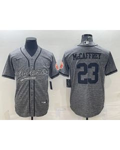 Men's San Francisco 49ers #23 Christian McCaffrey Grey With Patch Cool Base Stitched Baseball Jersey