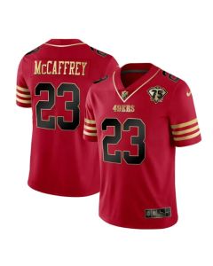 Men's San Francisco 49ers #23 Christian McCaffrey Red Gold With 75th Patch Cool Base Stitched Jersey